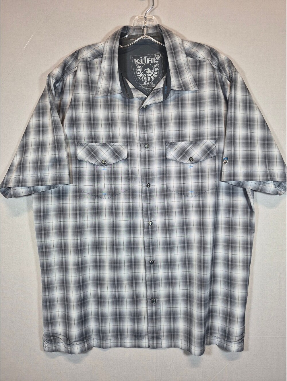 Kuhl Mountain Grown Men’s XL Plaid Short Sleeve Button Up Shirt Gray Outdoor